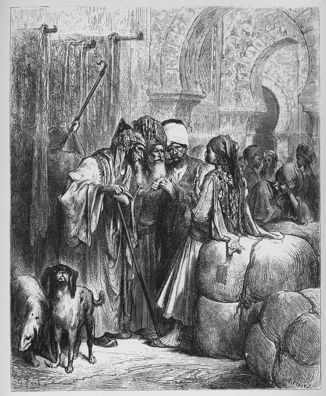 Bassaen (pasha) og kjøpmannen - fra 'Fables' av Jean de La Fontaine (Lafontaine) (1621-95) - gravering etter Gustave Dore (1832-83) - Privat samling av Gustave (after) Dore