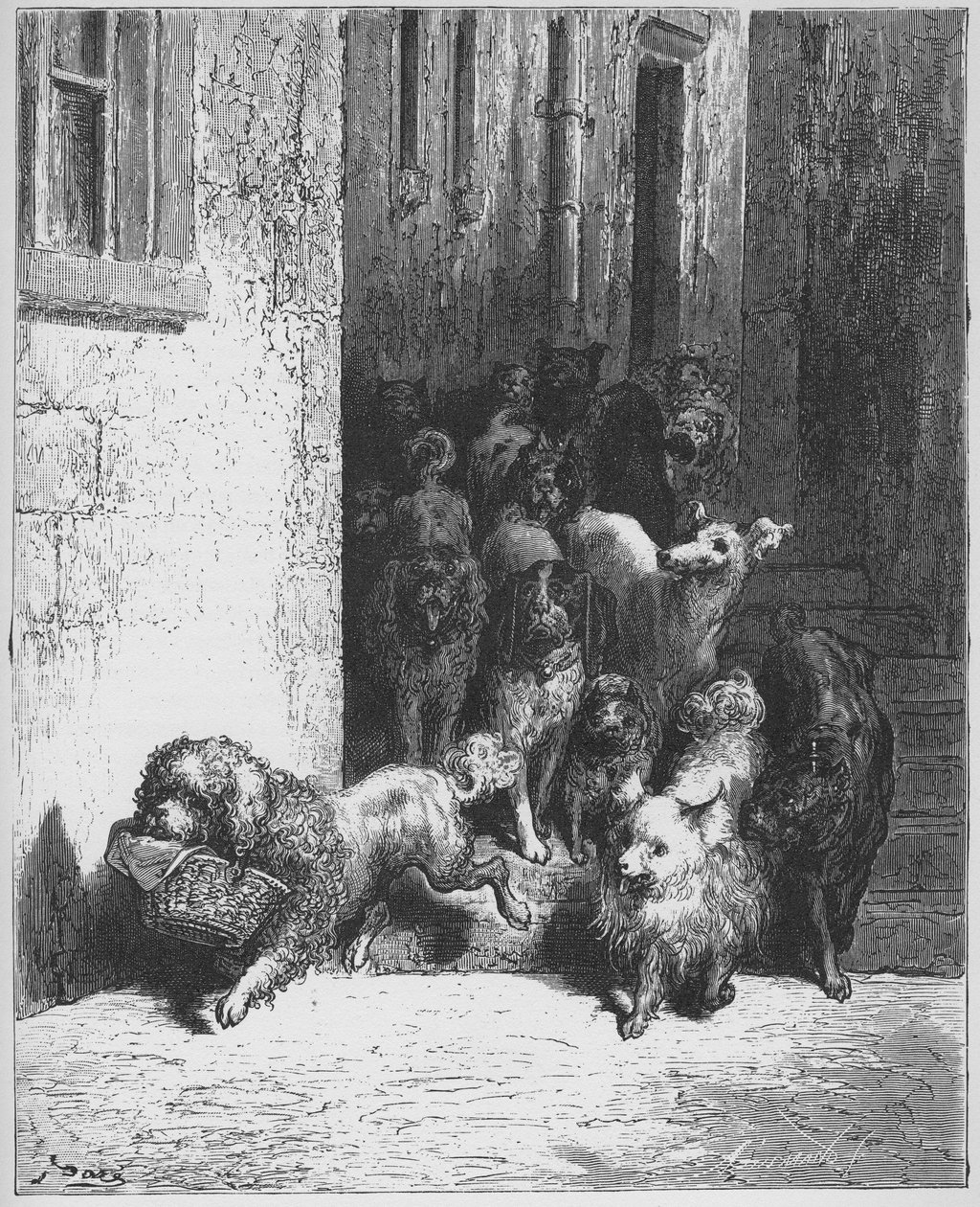 quot;Hunden som bærer sin herres middag rundt halsen.quot; Fabeln, La Fontaine (1621 - 1695), Stich von Gustave Doré (1823 - 1883) av Gustave (after) Dore