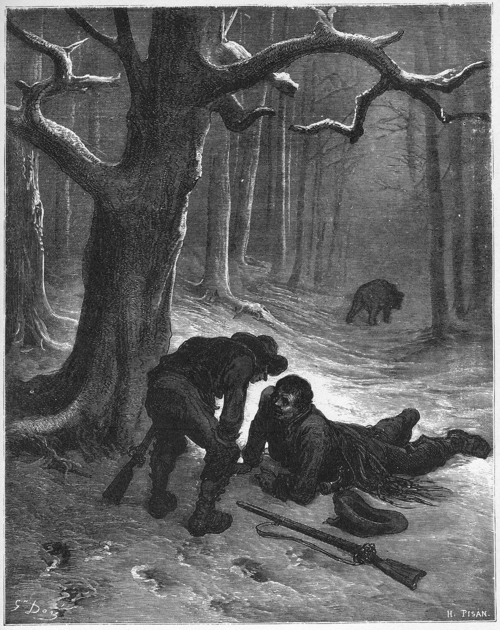 Bjørnen og de to følgesvennene - Bjørnen og de reisende - fra 'Fables' av Jean de La Fontaine (Lafontaine) (1621-95) - gravering etter Gustave Dore (1832-83) - Privat samling av Gustave (after) Dore