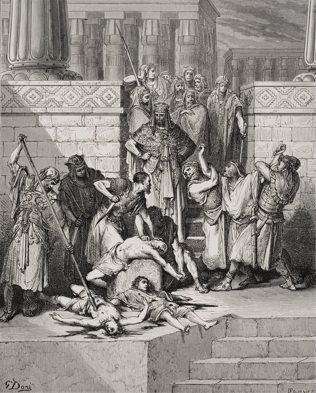 Slaktingen av Sidkias sønner foran deres far, 2. Kongebok 25:7, illustrasjon fra Dores «Den hellige bibel», gravert av Fournier av Gustave (after) Dore