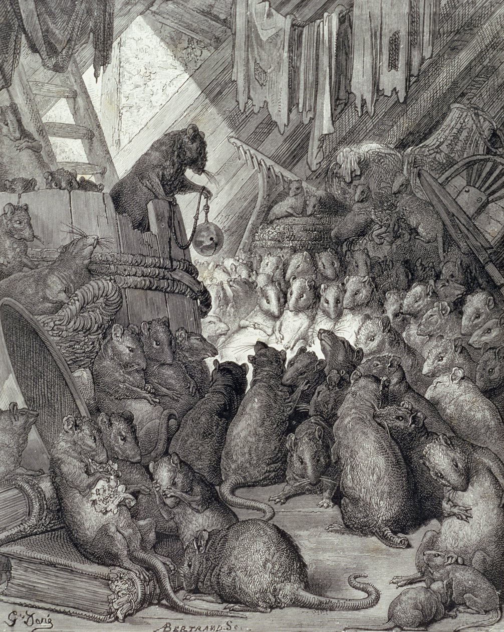 Rådet holdt av rottene, fra fabler i La Fontaine, gravert av Antoine Valerie Bertrand (f.1823) ca. 1868 (gravering) av Gustave (after) Dore