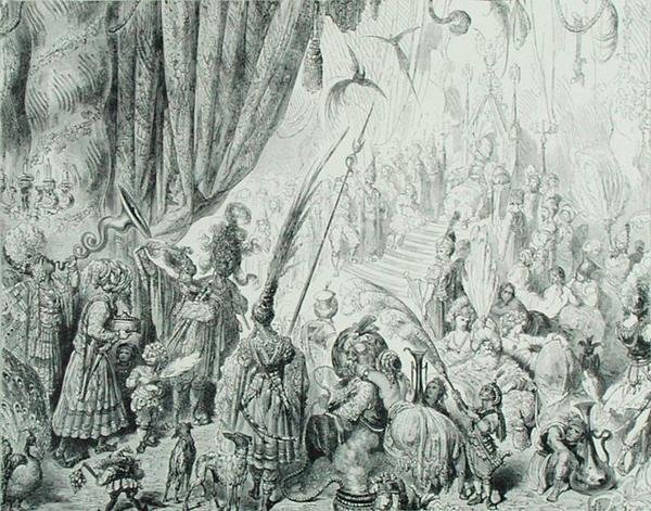 Retten til kongen av Serendib, ca. 1868 (gravering) av Gustave (after) Dore