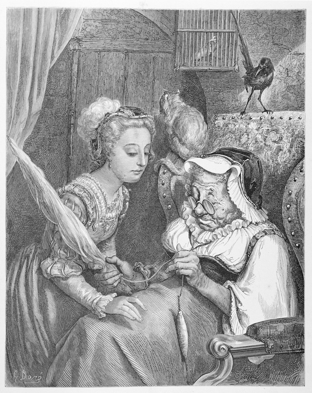 The Princess and Fairy Spite, gravert av Stephane Pannemaker (1847-1930) 1861 (gravering) av Gustave (after) Dore