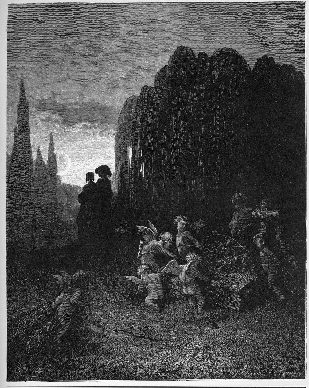 The Young Widow - The Young Widow - fra 'Fables' av Jean de La Fontaine (Lafontaine) (1621-95) - gravering etter Gustave Dore (1832-83) - Privat samling av Gustave (after) Dore