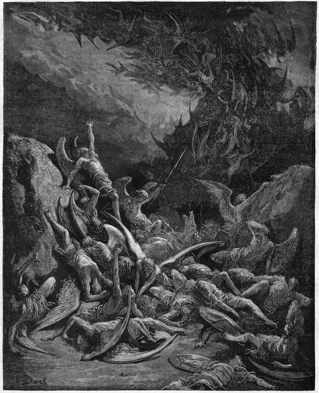 The lost paradise: the fallen angels. From the drawing of Gustave Dore illustrating “Paradise Lost” by John Milton (1608-1674) English poet. Engraving from 1867. Private Collection av Gustave (after) Dore