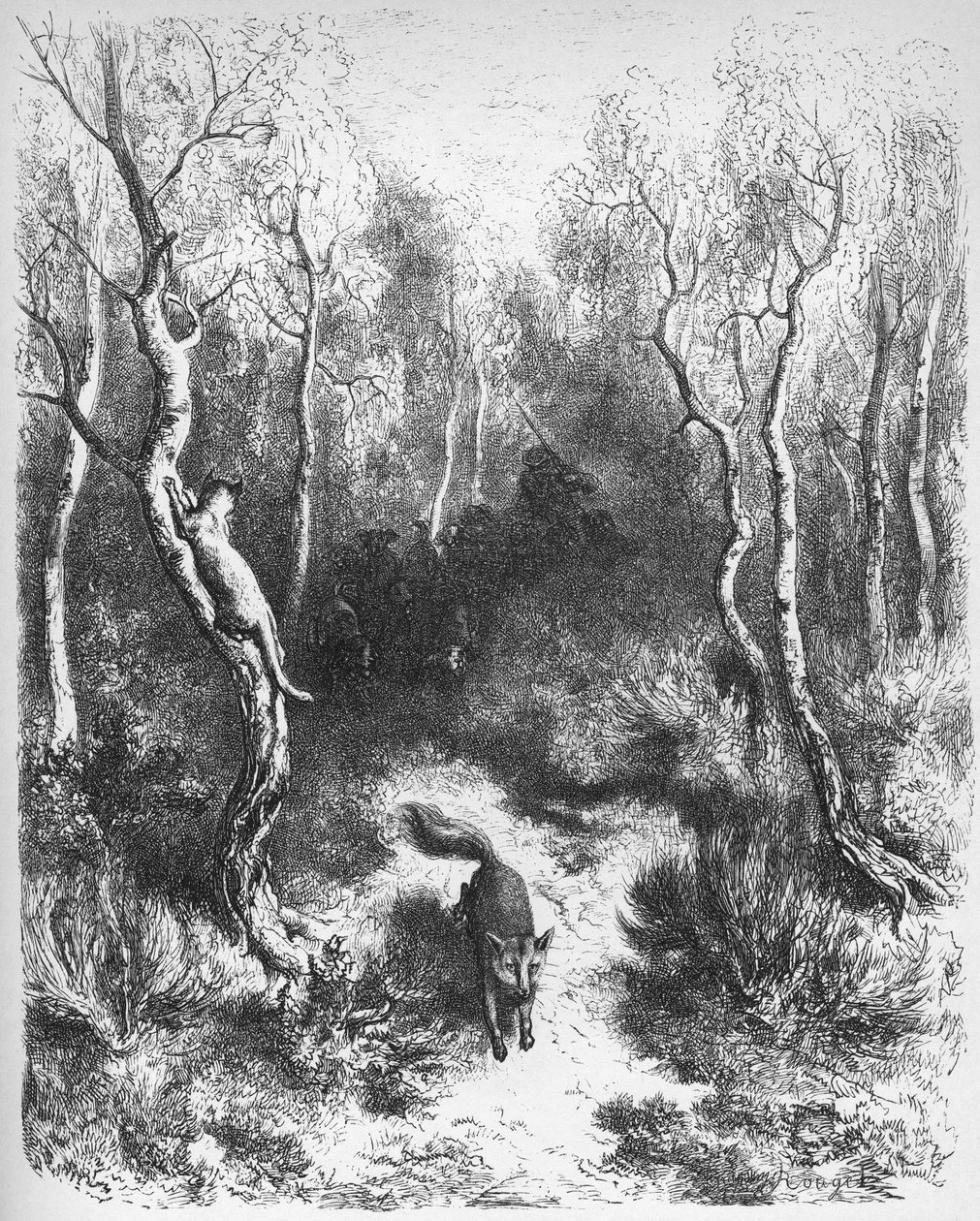 le chat et le fox - The Fox and the Cat - fra 'Fables' av Jean de La Fontaine (Lafontaine) (1621-95) - gravering etter Gustave Dore (1832-83) - Privat samling av Gustave (after) Dore
