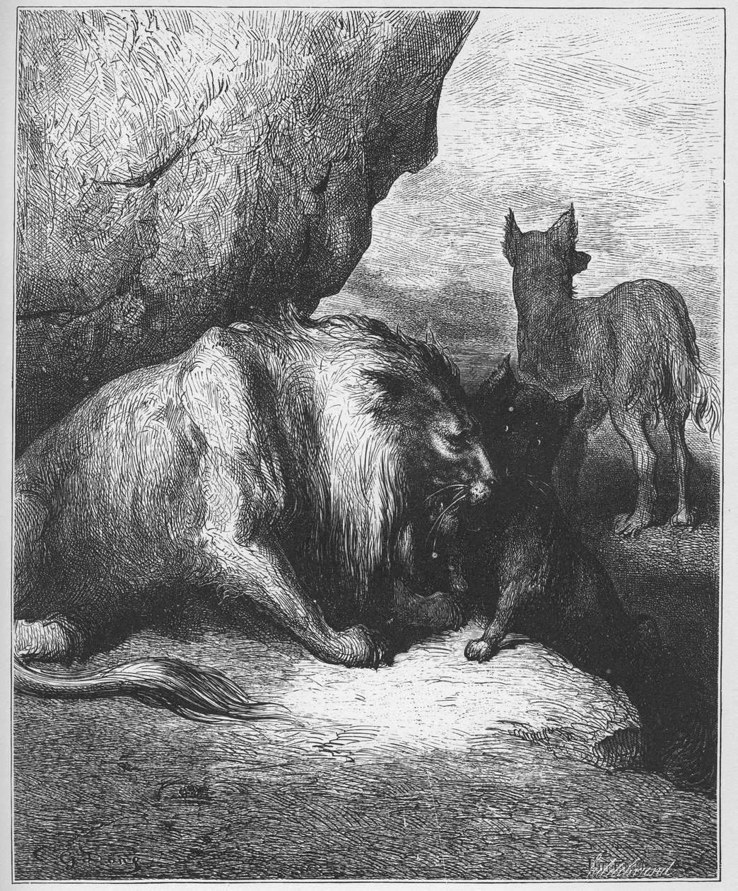 le lion le loup et le fox - løven ulven og reven - fra 'Fables' av Jean de La Fontaine (Lafontaine) (1621-95) - gravering etter Gustave Dore (1832-83) - Privat samling av Gustave (after) Dore