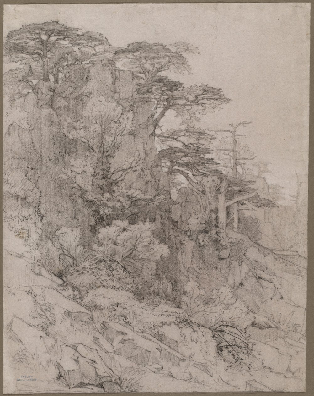Trees of a Rocky Hillside, sent på 1800-tallet. av Gustave Achille Guillaumet