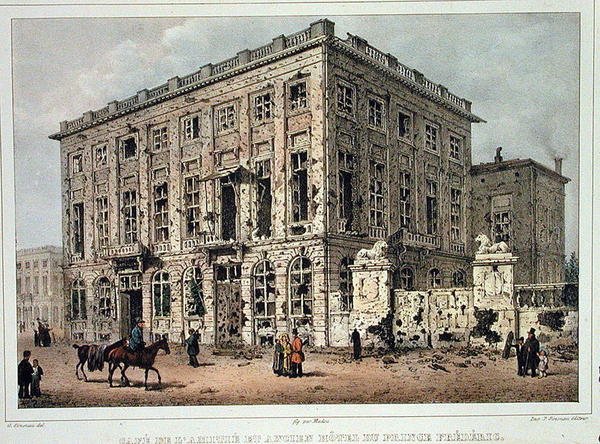 Cafe Amitie og Old Hotel du Prince Frederic, Brussel, etter kampene 23.-26. september 1830, gravert av Jean Baptiste Madou (1796-1877) (farget gravering) av Gustave Adolphe (after) Simoneau