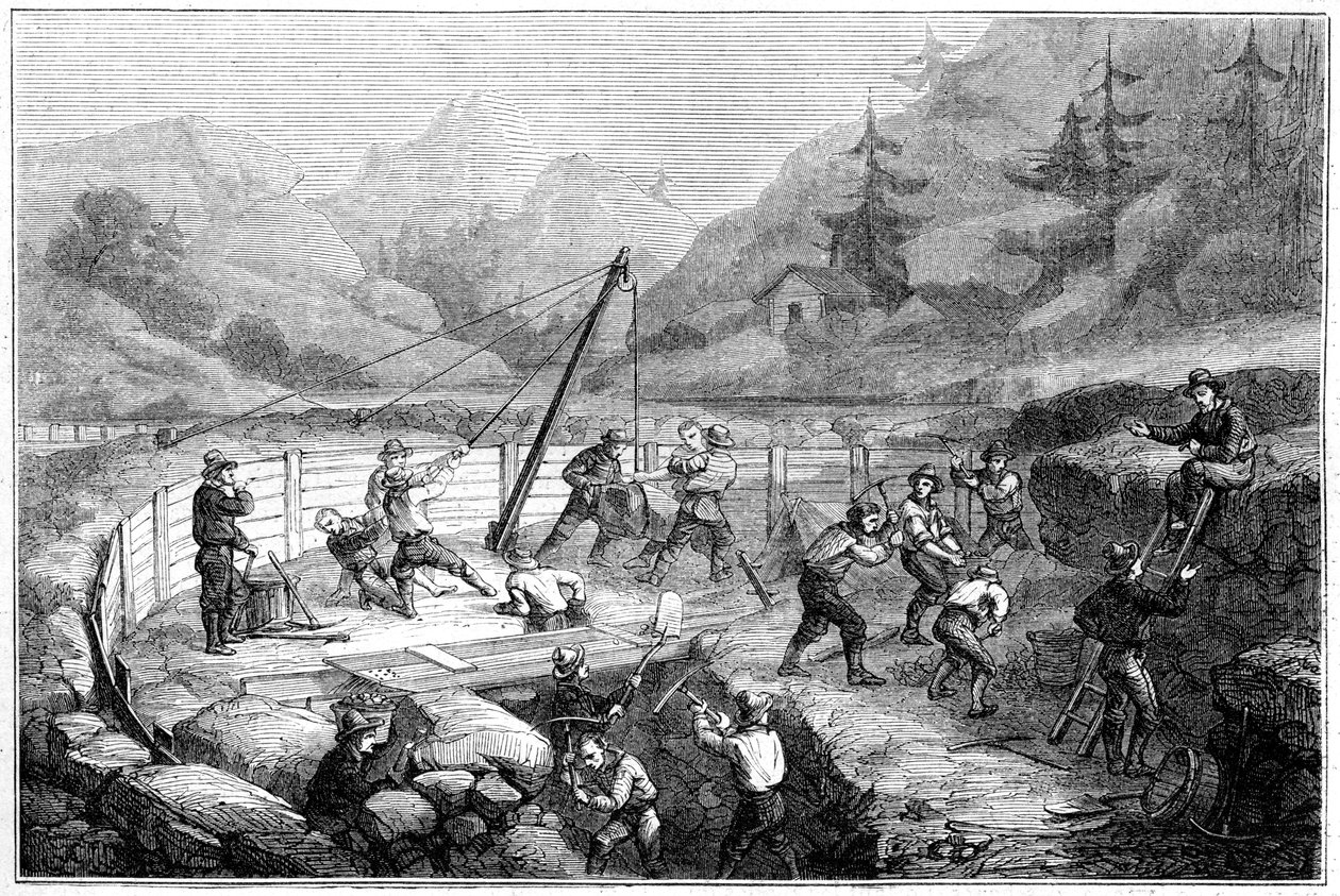 Utgraving og vasking av sand på bunnen av en elv, California, 1800-tallet. av Gustave Adolphe Chassevent Bacques