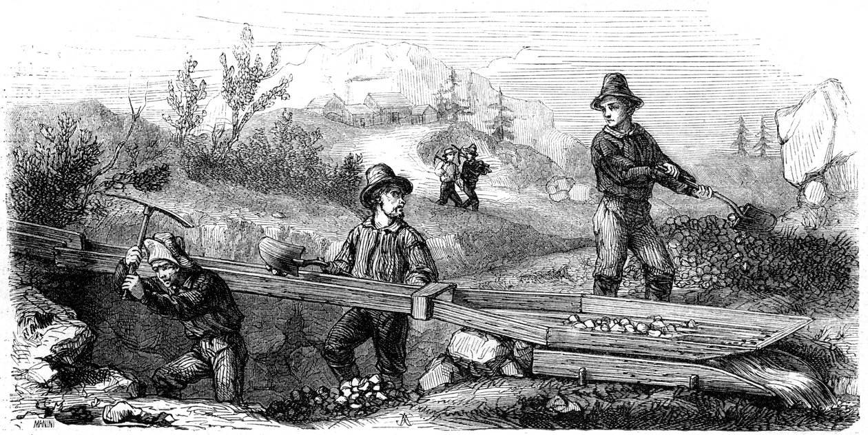 Franske gruvearbeidere som arbeider med en lang tomsluse, California, 1800-tallet. av Gustave Adolphe Chassevent Bacques