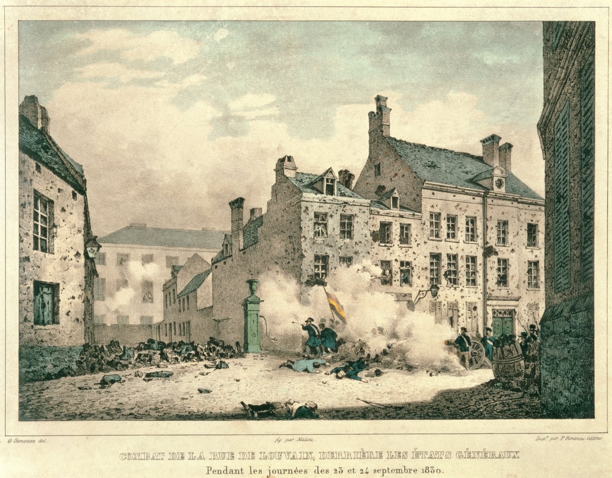 Kamper i Rue de Louvain, Brussel, bak Etats Generaux, 23.–24. september 1830, gravert av Jean Baptiste Madou (1796–1877) av Gustave Adolphe after Simoneau