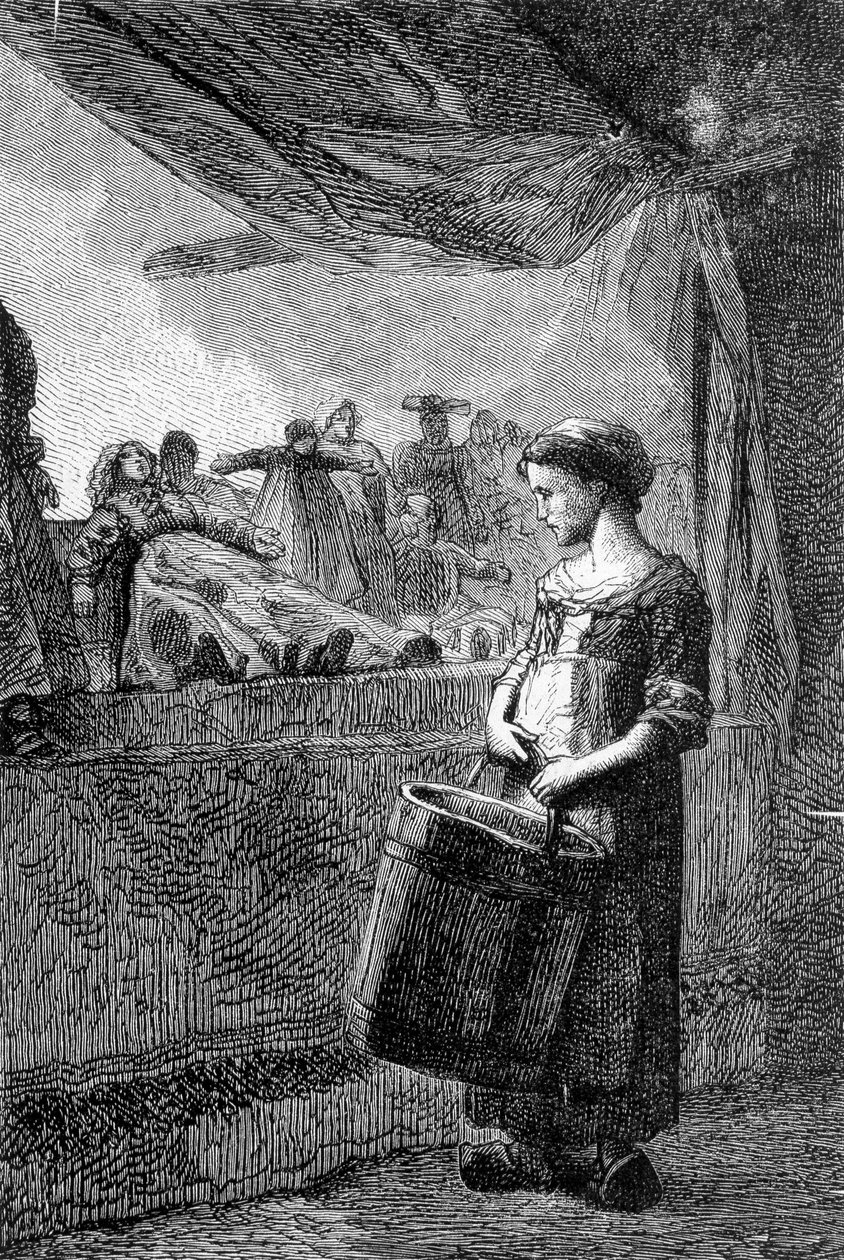 Cosette foran leketøysbutikken - i "" Les Miserables"" av Victor Hugo, ill. av Brion, red. Hetzel og Lacroix av Gustave Brion