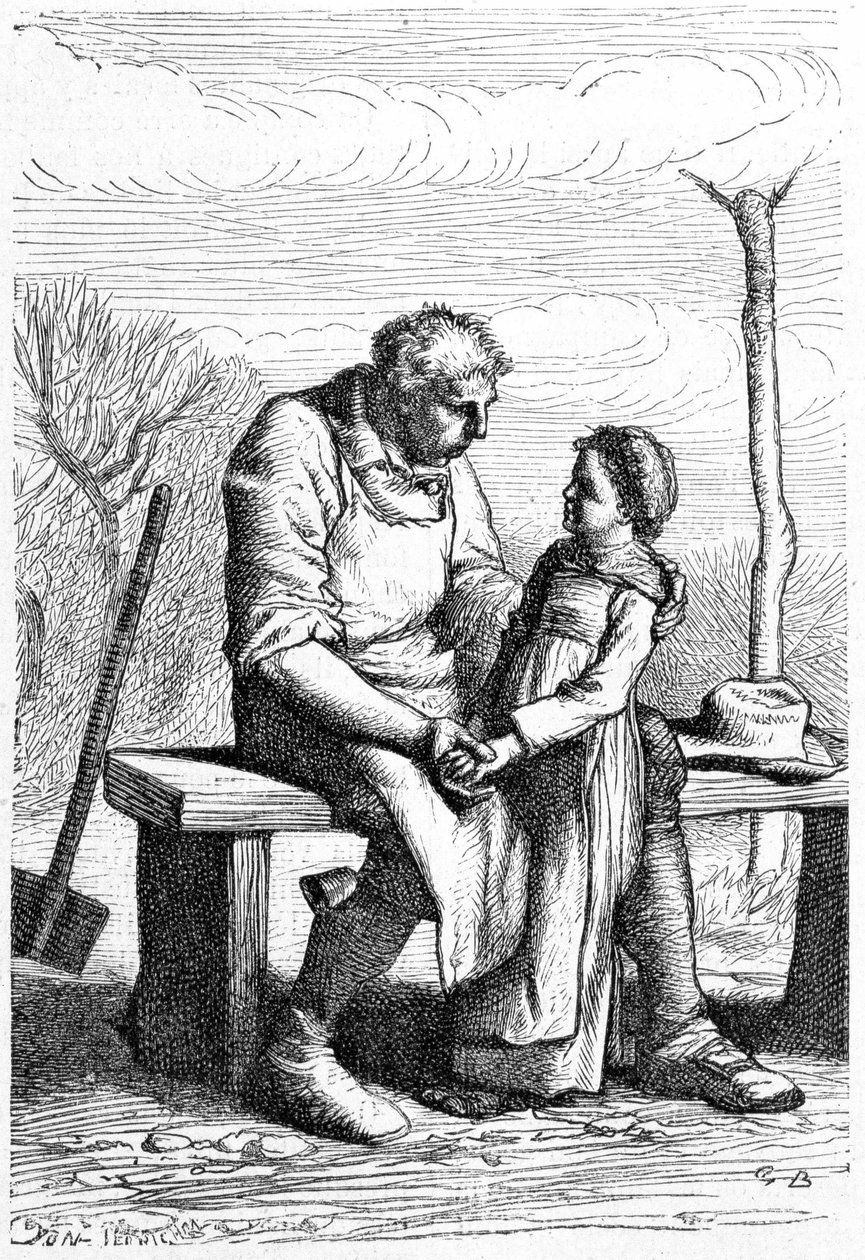Cosette et Jean Valjean - i "" Les Miserables"" av Victor Hugo, ill. av Brion, red. Hetzel og Lacroix av Gustave Brion