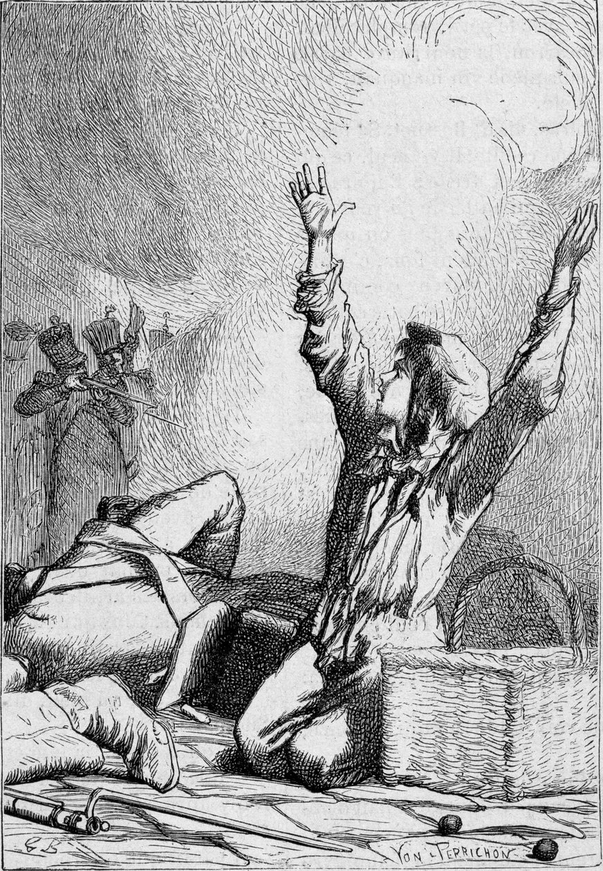 Gavroche falls on the barricades - in “” Les Miserables”” by Victor Hugo, ill. by Brion, ed. Hetzel and Lacroix av Gustave Brion