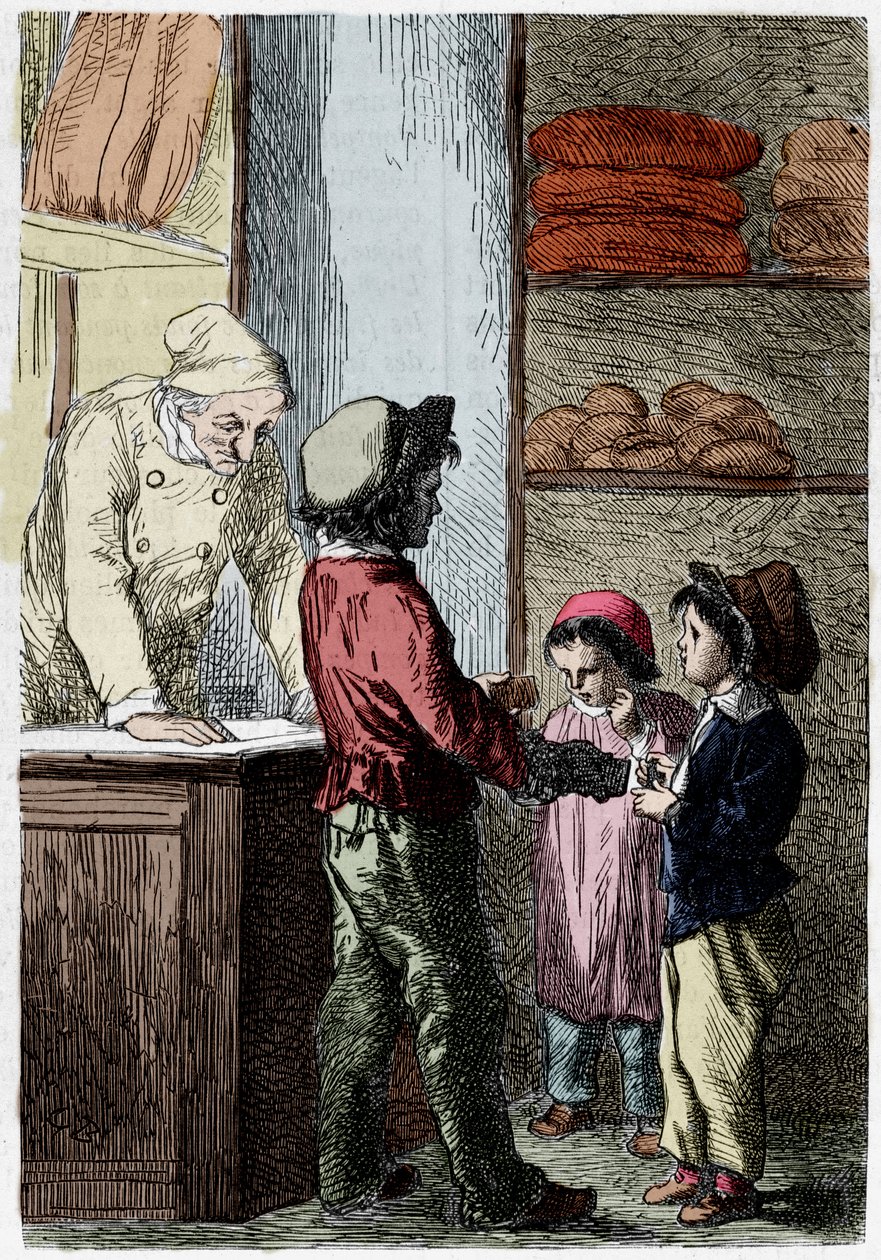 Gavroche gir brød til barn - i "" Les Miserables"" av Victor Hugo, syk. av Brion, red. Hetzel og Lacroix av Gustave Brion