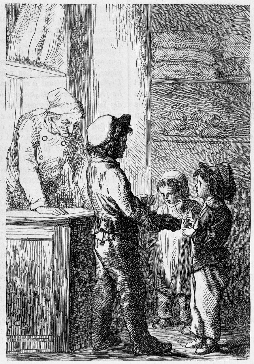Gavroche gir brød til barn - i "" Les Miserables"" av Victor Hugo, syk. av Brion, red. Hetzel og Lacroix av Gustave Brion