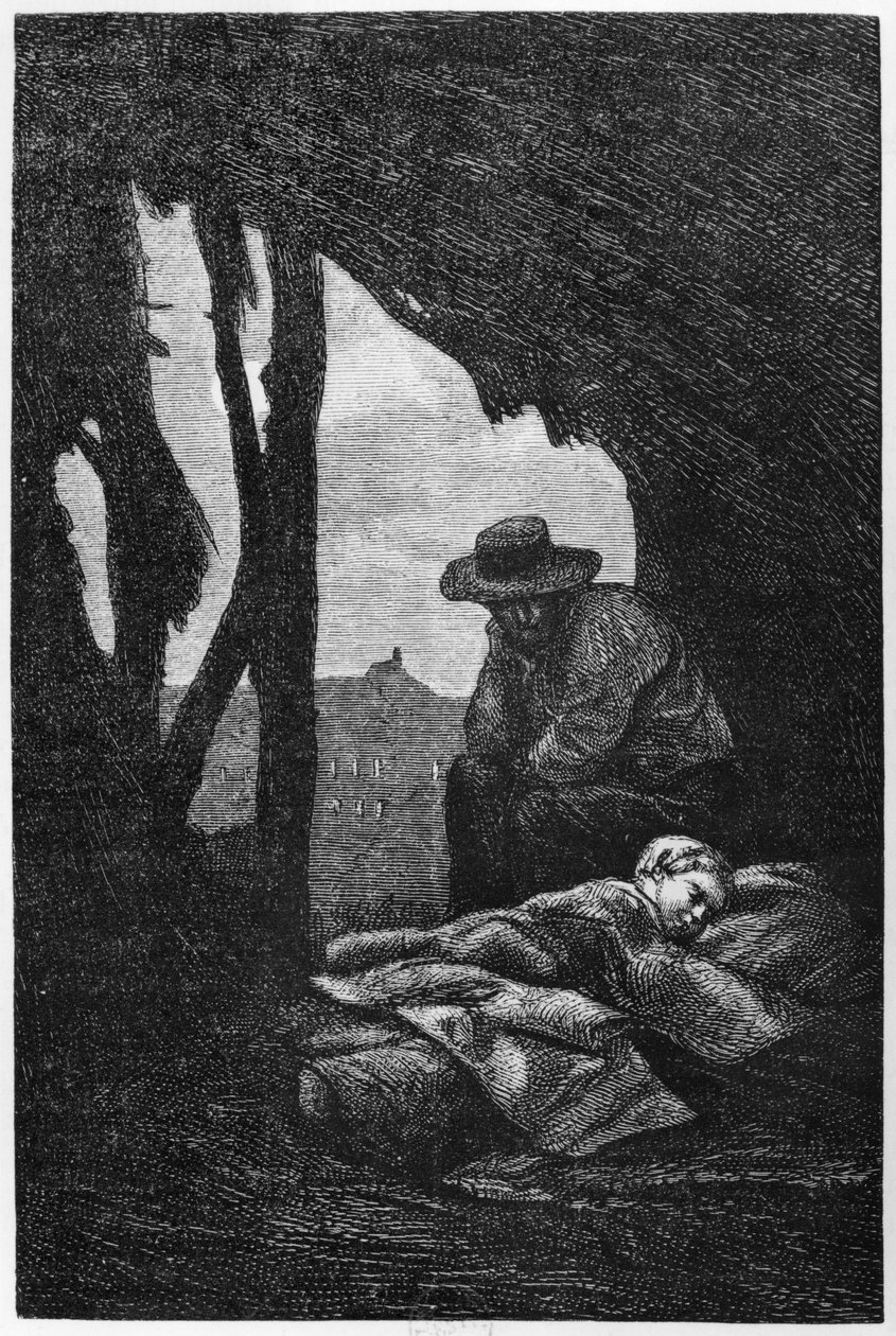 Jean Valjean ser over Cosette sovende, illustrasjon fra «Les Miserables» av Victor Hugo av Gustave Brion
