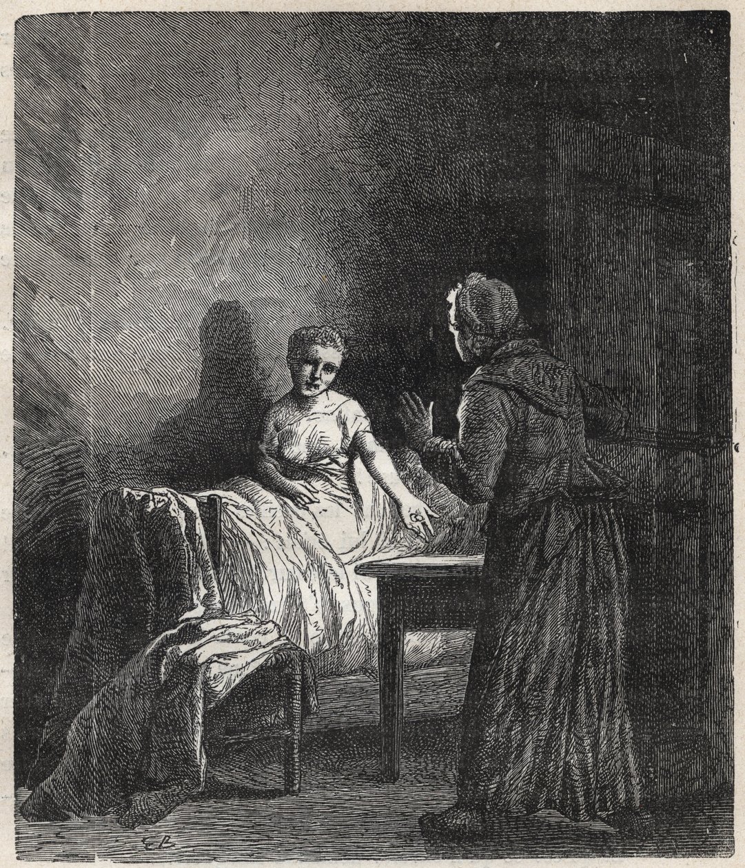 Marguerite kommer inn på Fantines rom og Fantine viser ham to Napoleoner (mynt) som kan redde Cosette, datteren hans - Illustrasjon av Gustave Brion (1824-1877) for "The Miserables - First part: Fantine" av Victor Hugo (1802-1885) 1862 av Gustave Brion