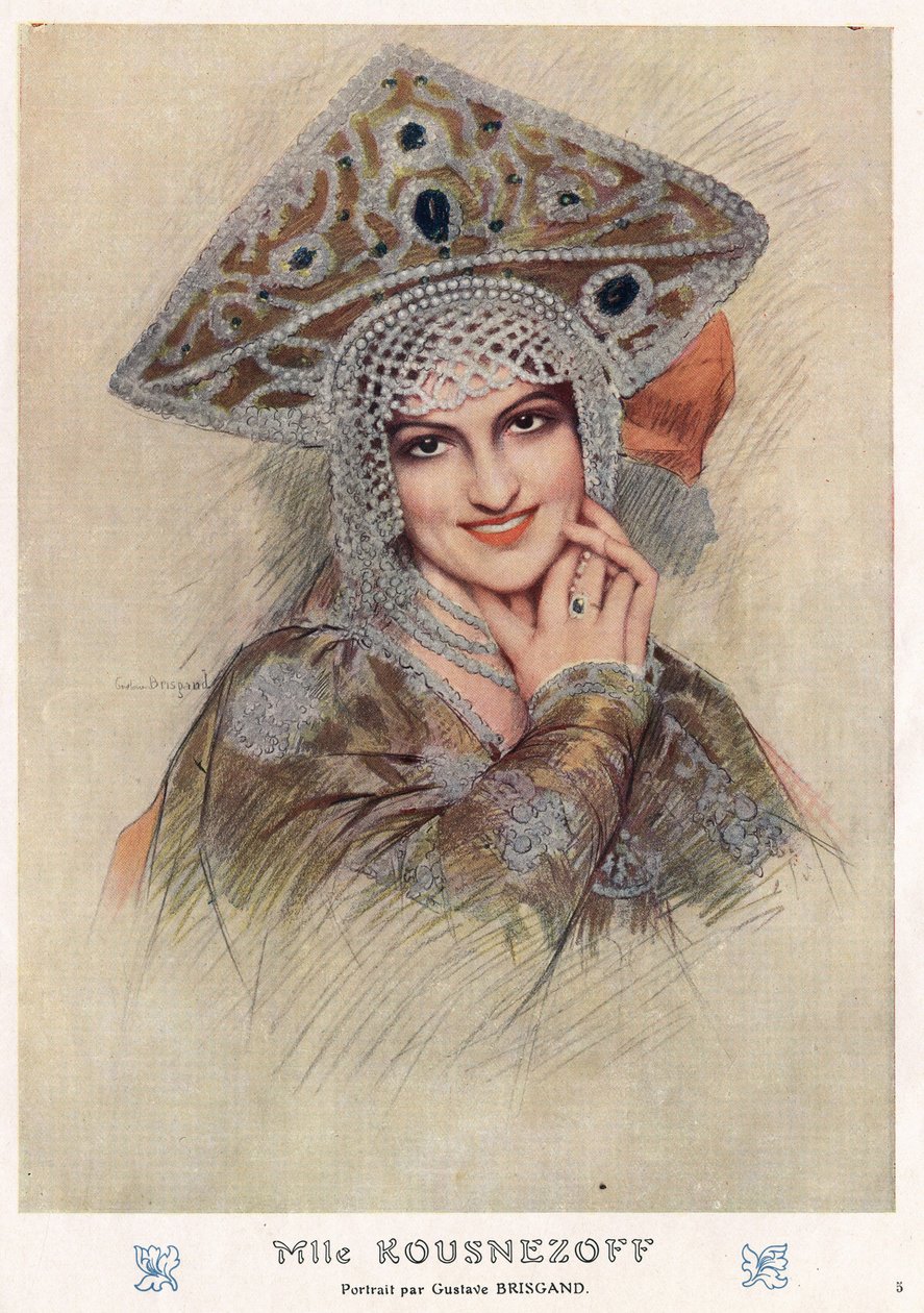 Portrett av Maria Nikolaievna Kuznetsova (Maria Kuznetsova) (1880-1966), berømt russisk imperium fra 1900-tallet og sovjetisk operasanger og danser i "Fantasio" tidlig på 1900-tallet (tegning) av Gustave Brisgand