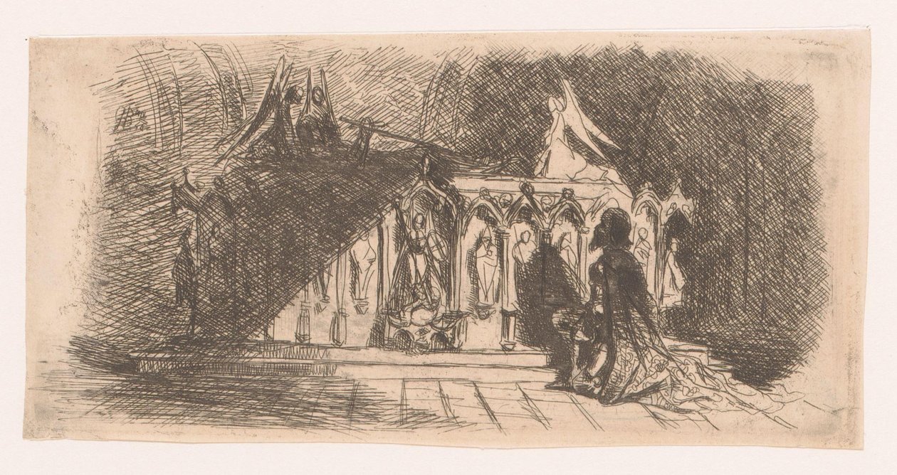 Mann kneler foran en gotisk grav av Gustave Buschmann