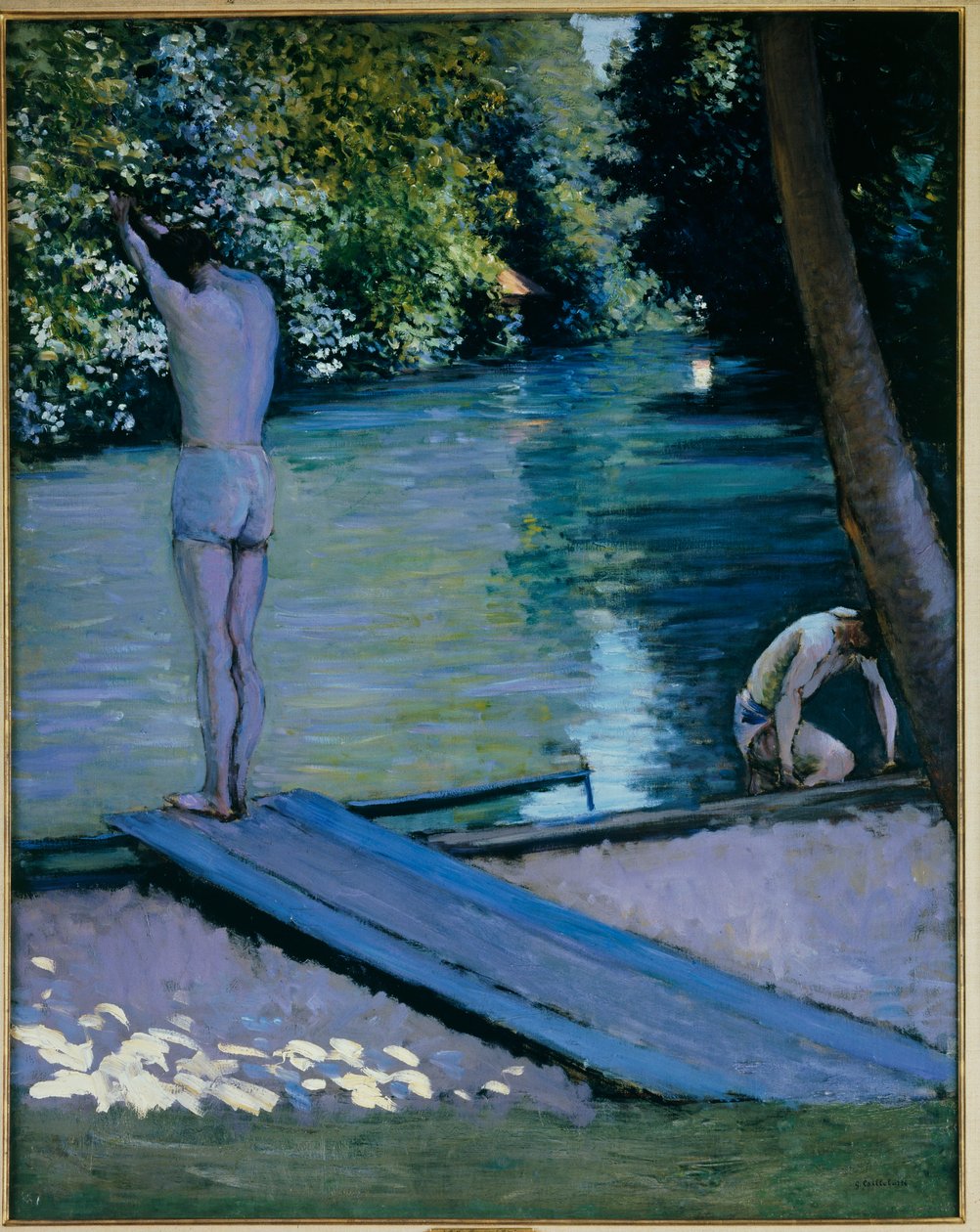 Badende er i ferd med å stupe ned i elven Lyerres av Gustave Caillebotte