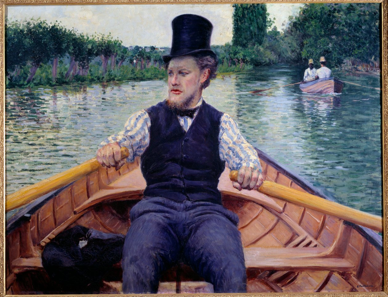 En del av båten. En mann iført en høy hatt som ror i en båt. Maleri av Gustave Caillebotte (1848-1894) av Gustave Caillebotte