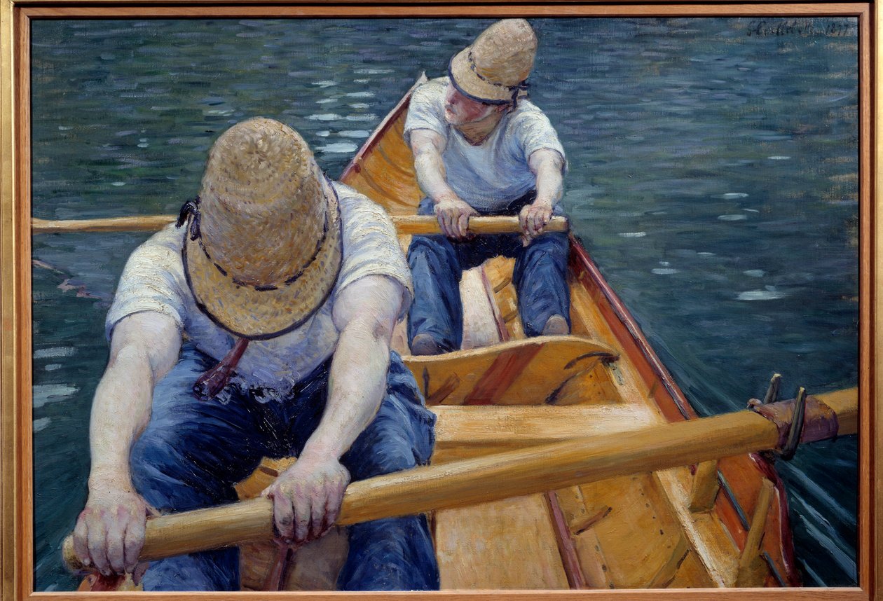 Kanofolket ror på Yerres-maleriet av Gustave Caillebotte (1848-1894) 1877 Søn. 0,77x1,1 m Privat samling - Båtmennene på Yerres. Maleri av Gustave Caillebotte (1848-1894) av Gustave Caillebotte