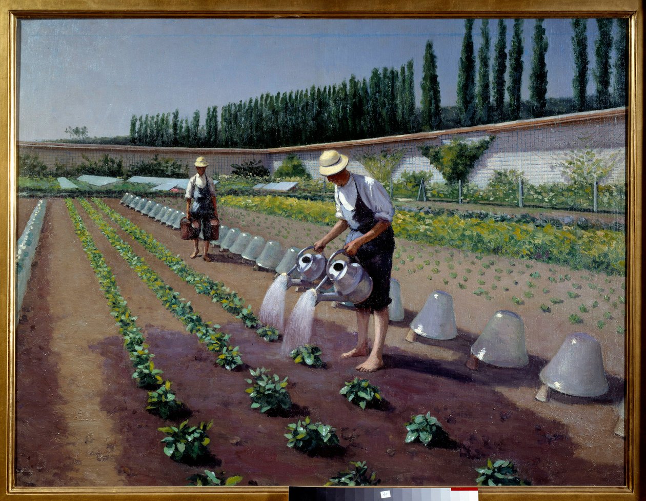 Gartnerne. To menn med vannkannene sine vanner plantasjen deres. I nærheten av dem ble glassklokker brukt til å dekke avlinger. Maleri av Gustave Caillebotte (1848-1894) av Gustave Caillebotte