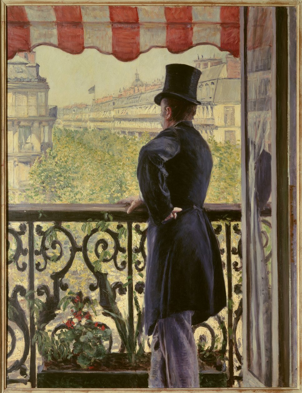Mannen på balkongen En elegant mann i topphatt hviler på rekkverket til en balkong på de store parisiske bulevardene. Maleri av Gustave Caillebotte (1848-1894) 1880 søn. 0,86 x 1,14 m. Privat samling - Mannen på balkongen. En smart mann i topphatt av Gustave Caillebotte