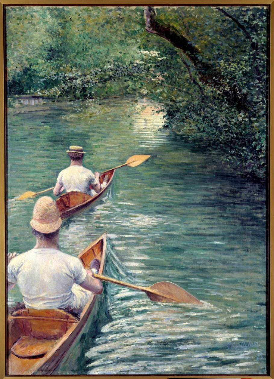 Perissoirene. Par som går i vannet i perissoires, en slags kajakk (The Canoes). (Element av et dekorativt sett: triptyk designet med La Peche a la Ligne og Les Baigneurs). Maleri av Gustave Caillebotte (1848-1894) av Gustave Caillebotte