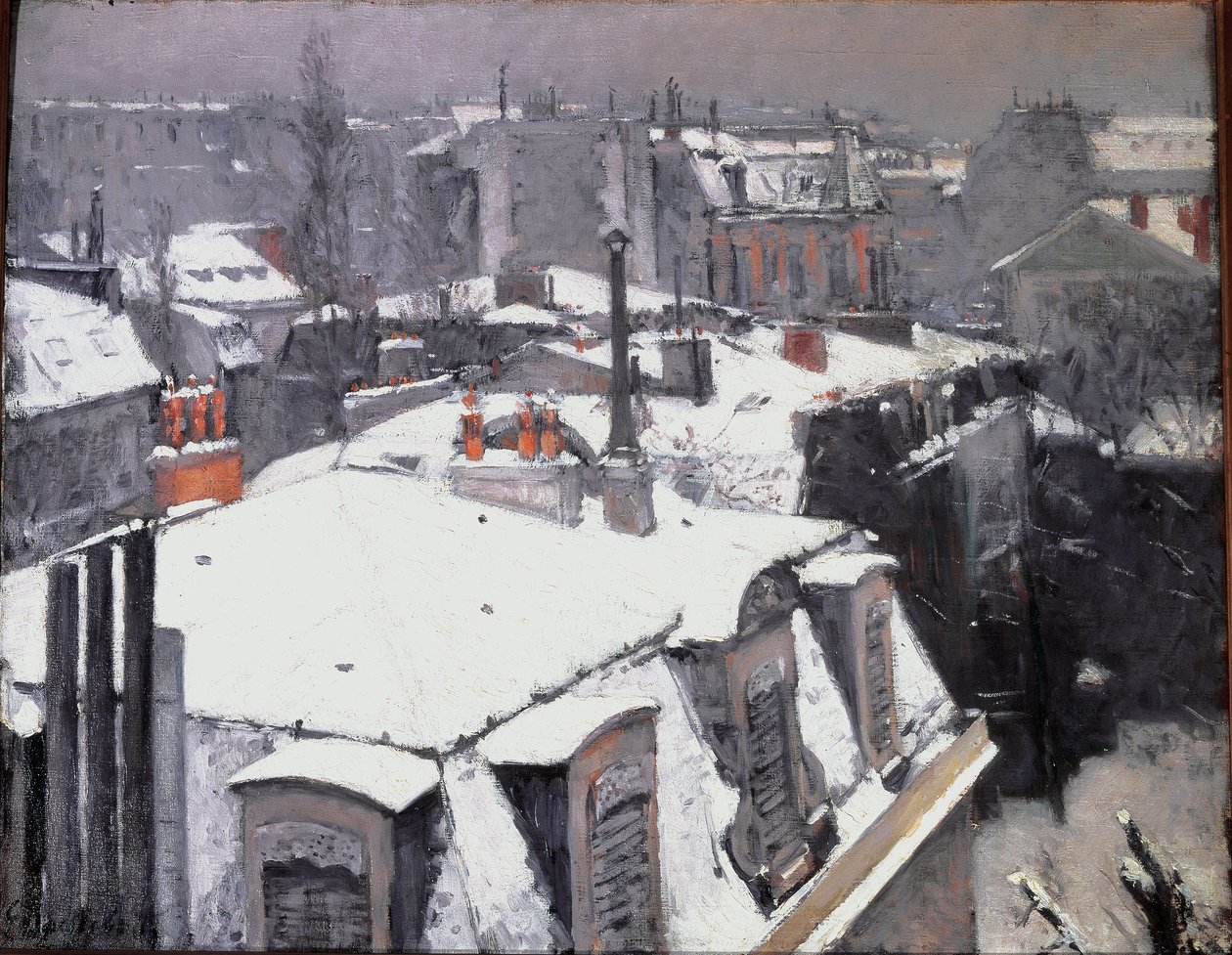 Utsikt over hustak (Effekt av snø) - olje på lerret av Gustave Caillebotte