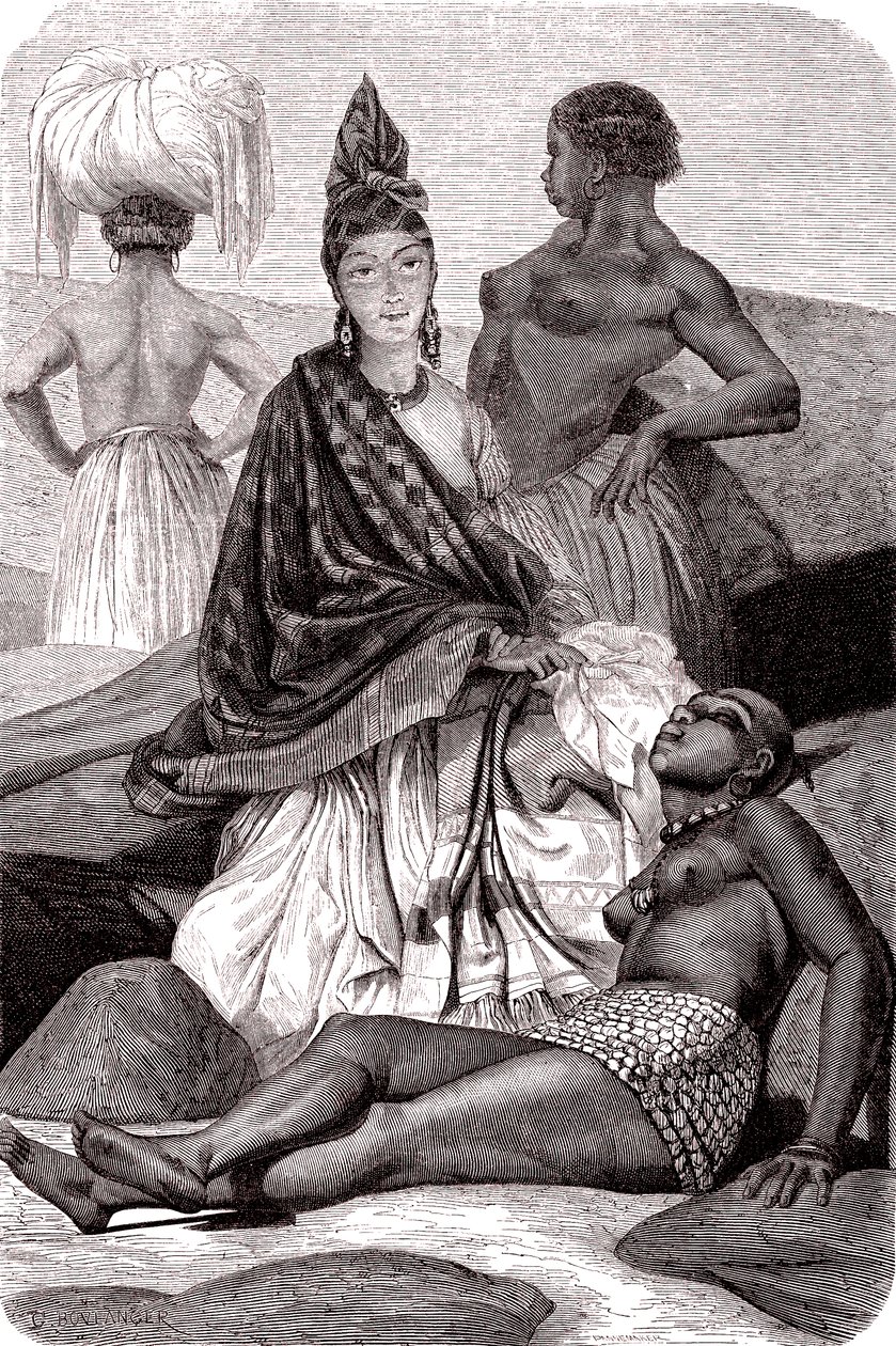 Signare, de mulatt-franske afrikanske kvinnene på øya Goree, Senegal. 1861 (gravering) av Gustave Clarence Rodolphe Boulanger