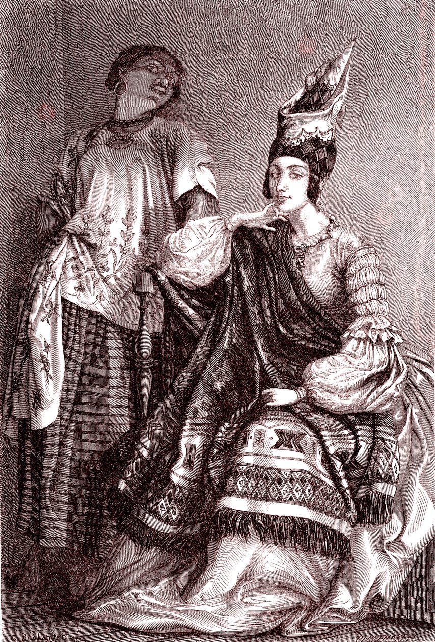 Signare, de mulatt-franske afrikanske kvinnene i byen Saint Louis, Senegal. 1861 (gravering) av Gustave Clarence Rodolphe Boulanger