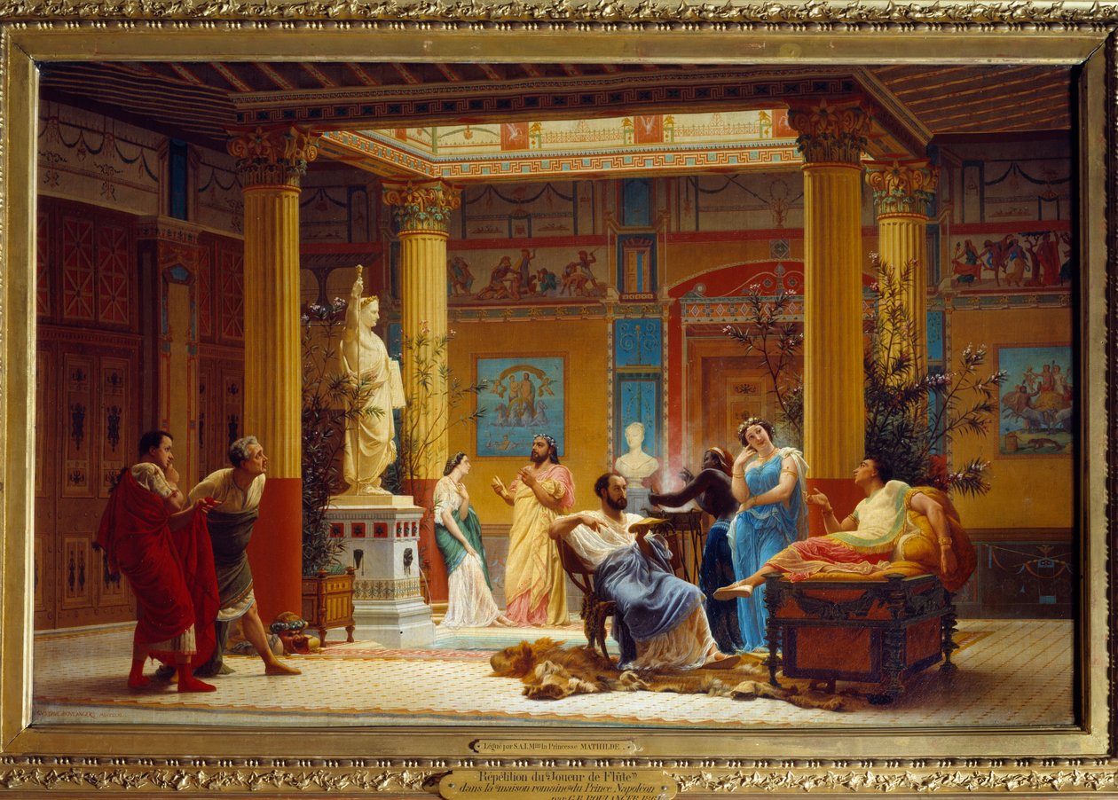 Repetisjonen av «Fløytespilleren...» og «La Femme de Diomede»» i atriumet til Maison Pompeienne i Paris av prins Napoleon i 1860. Maleri av Gustave Boulanger (1824-1888) av Gustave Clarence Rodolphe Boulanger