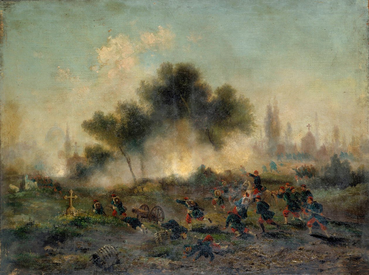 Krigen i 1870 mot Preussen: "" angrep på en kirkegård av vanlige tropper i mai 1871"" Maleri av Gustave Boulanger (1824-1888) 1871 Søn. 0,49x0,65 m. Paris, Musee Carnavalet av Gustave Clarence Rodolphe Boulanger