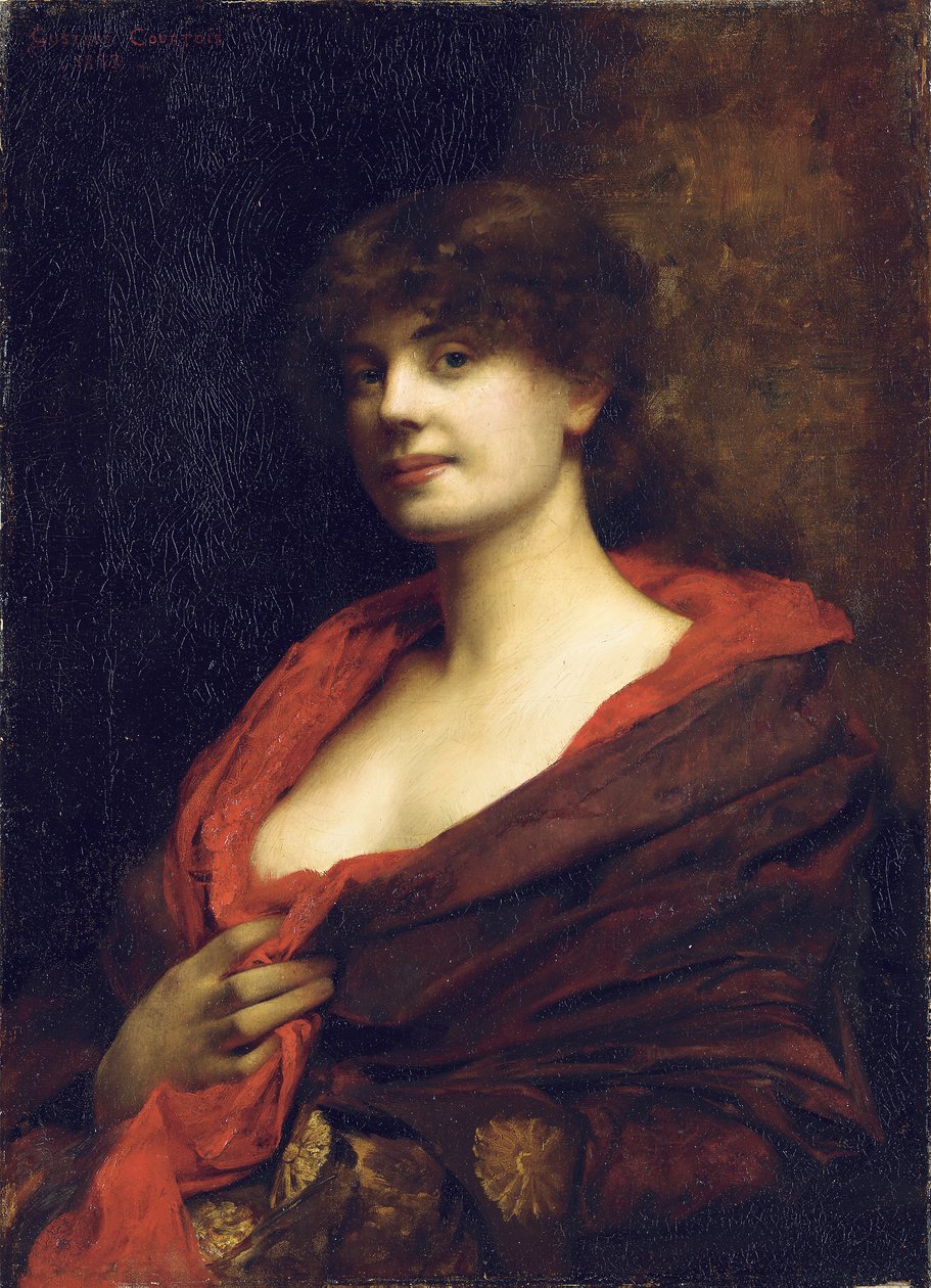 En elegant dame med et rødt sjal, 1883 av Gustave Claude Etienne Courtois