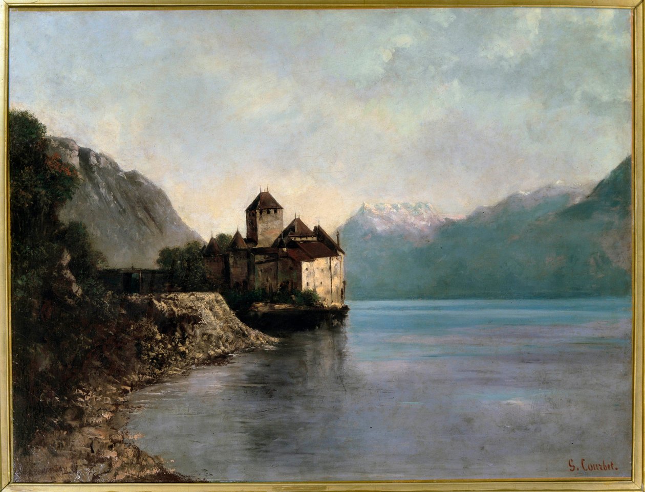 Et slott ved bredden av Lake Leman i Sveits. Utsikt over slottet Chillon. (olje på lerret av Gustave Courbet