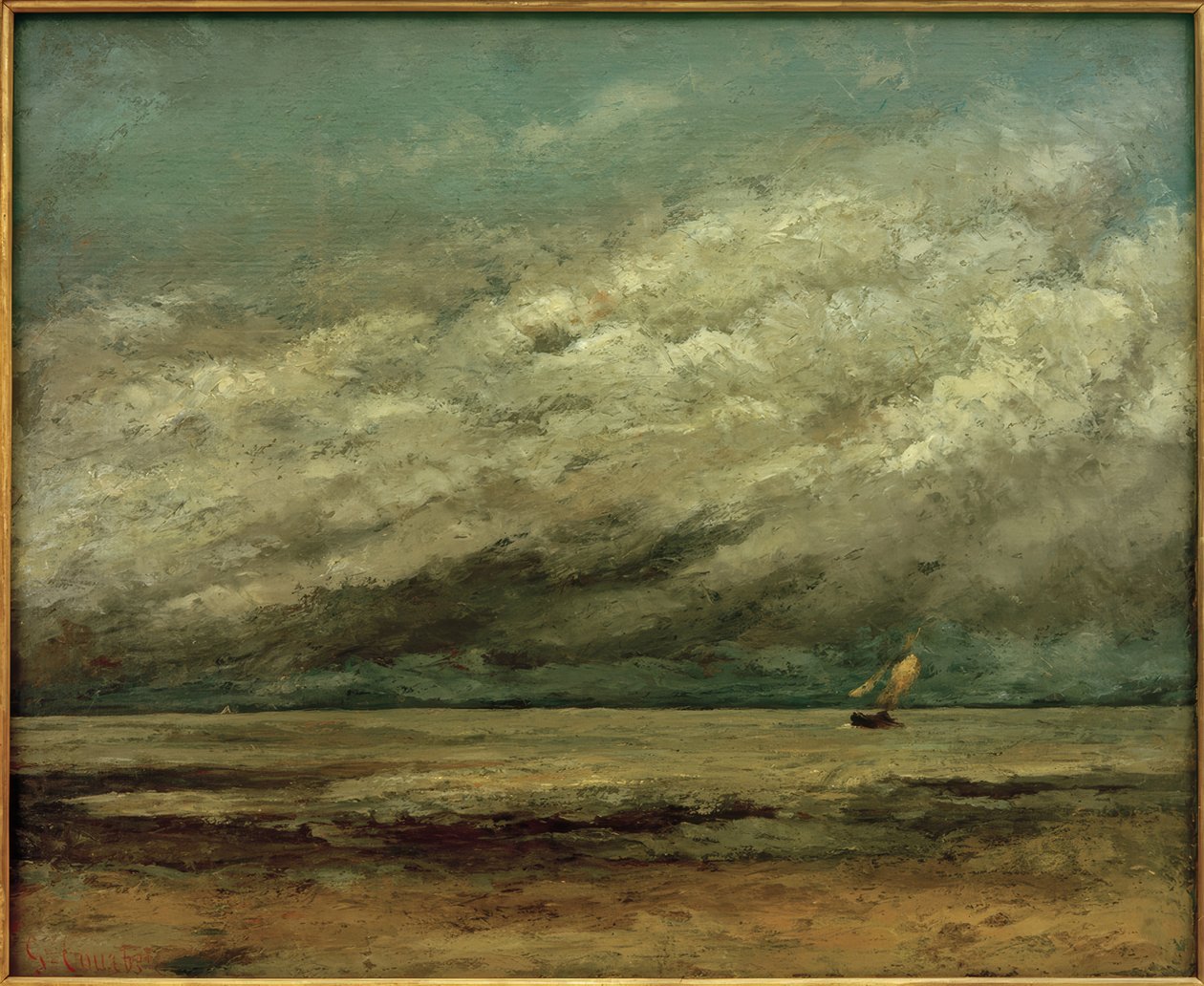 Seilbåt nær kysten, stormfull himmel av Gustave Courbet