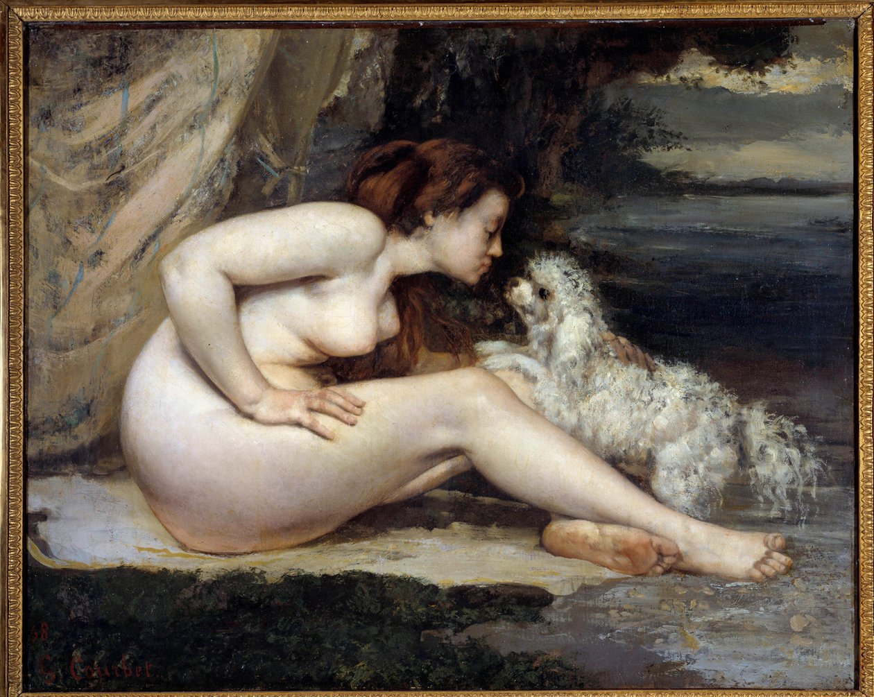 Hund naken kvinne. Portrett av Leontine Renaude. Maleri av Gustave Courbet (1819-1877) av Gustave Courbet