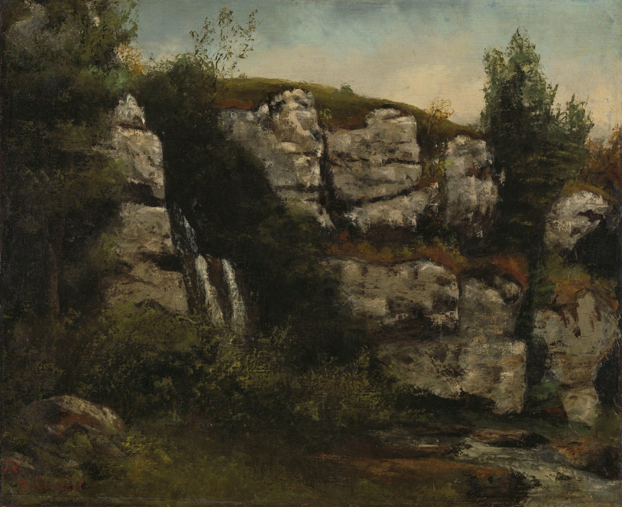 Landskap med steinete klipper og en foss av Gustave Courbet