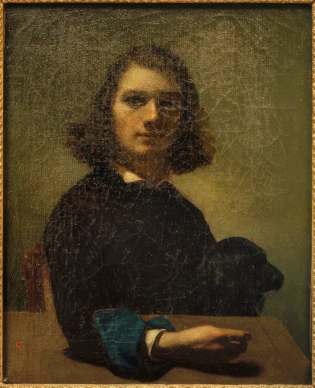 Lite kunstnerportrett med svart hund av Gustave Courbet