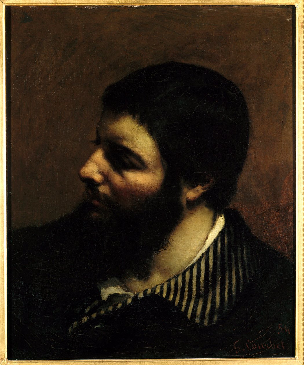 Selvportrett med stripekrage-maleri av Gustave Courbet (1819-1877) Montpellier fra 1800-tallet, Musee Fabre. av Gustave Courbet