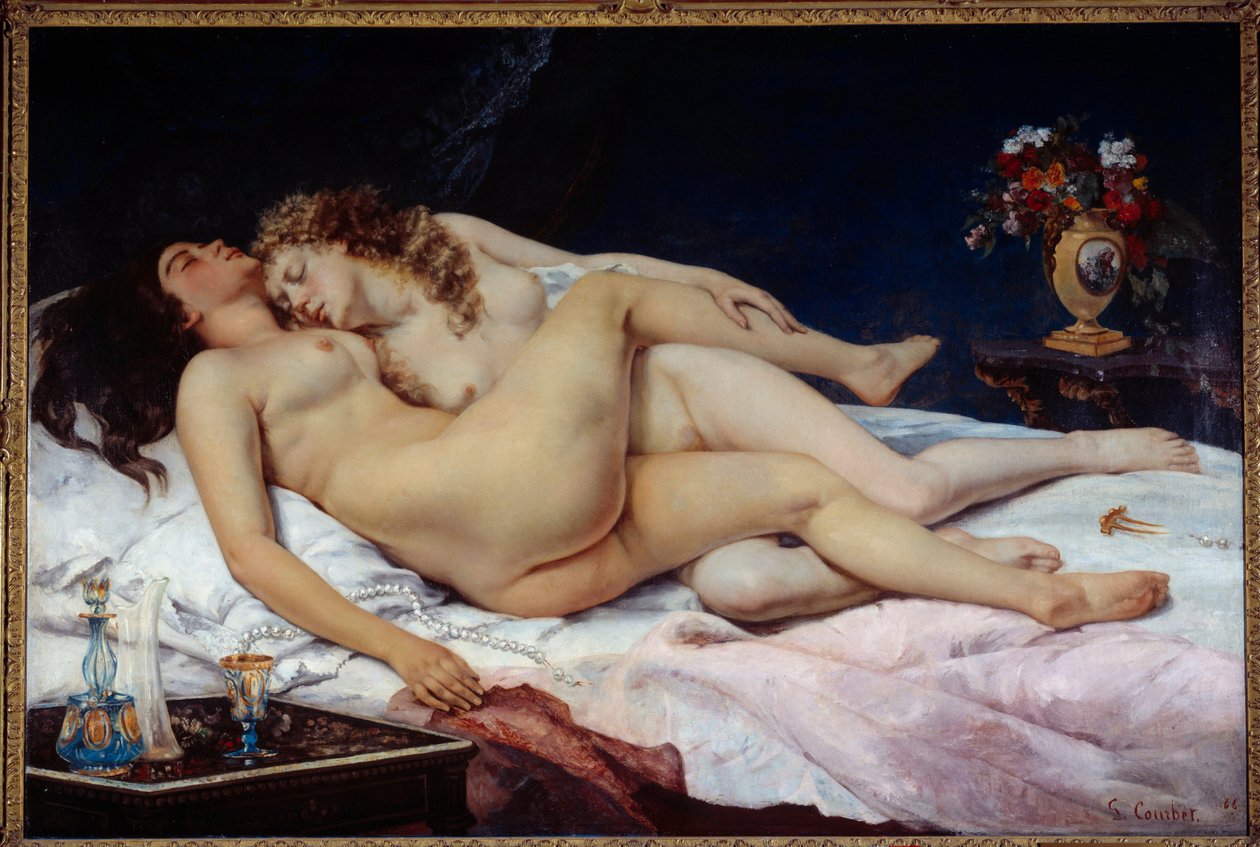 Sove. To nakne kvinner omfavnet i en seng av Gustave Courbet