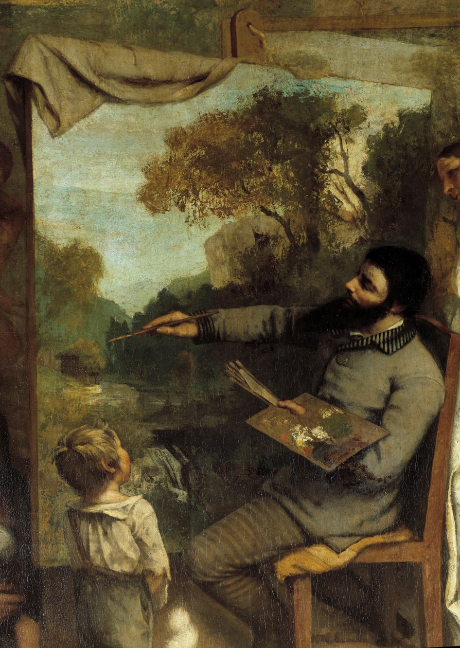 Malerens verksted. Allegorie Reelle bestemmer en syv-årig fase av mitt kunstneriske liv (og moralske) Detalj som skildrer maleren som beundres av et barn som symboliserer ungdommens uskyld. Maleri av Gustave Courbet (1819-1877) av Gustave Courbet