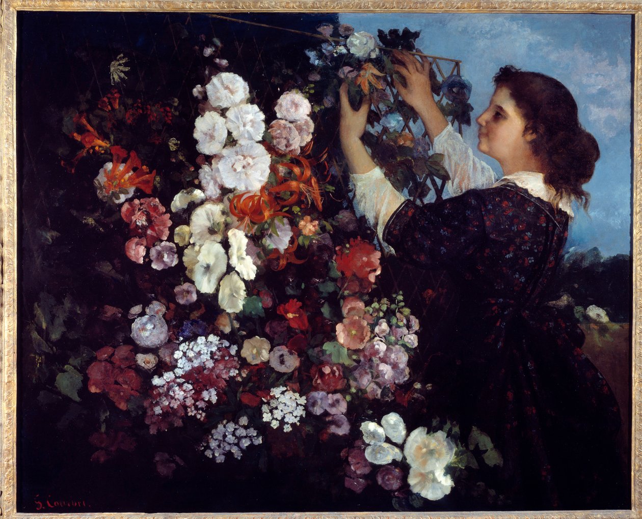 Kvinnen med blomster eller gitteret. Maleri av Gustave Courbet (1819-1877) av Gustave Courbet