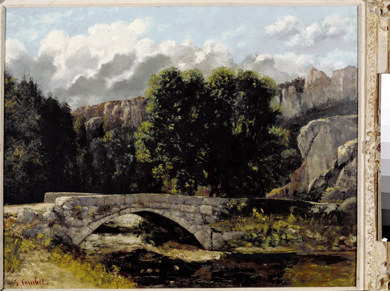Utsikt over broen til Saint Sulpice i Fleurier, Sveits (olje på lerret av Gustave Courbet