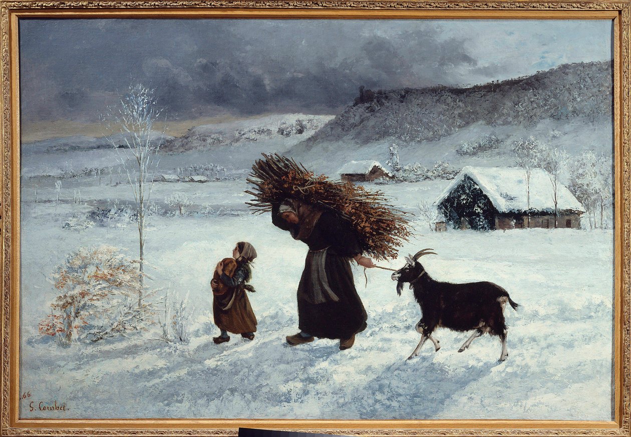 Landsbyfattigdom, Ornans. En bonde og datteren hennes har med seg brød, vedkøyer og en geit som vinterforråd. Maleri av Gustave Courbet (1819-1877) 1800-tallets søn. 1,26 X 0,85 m. Privat samling av Gustave Courbet