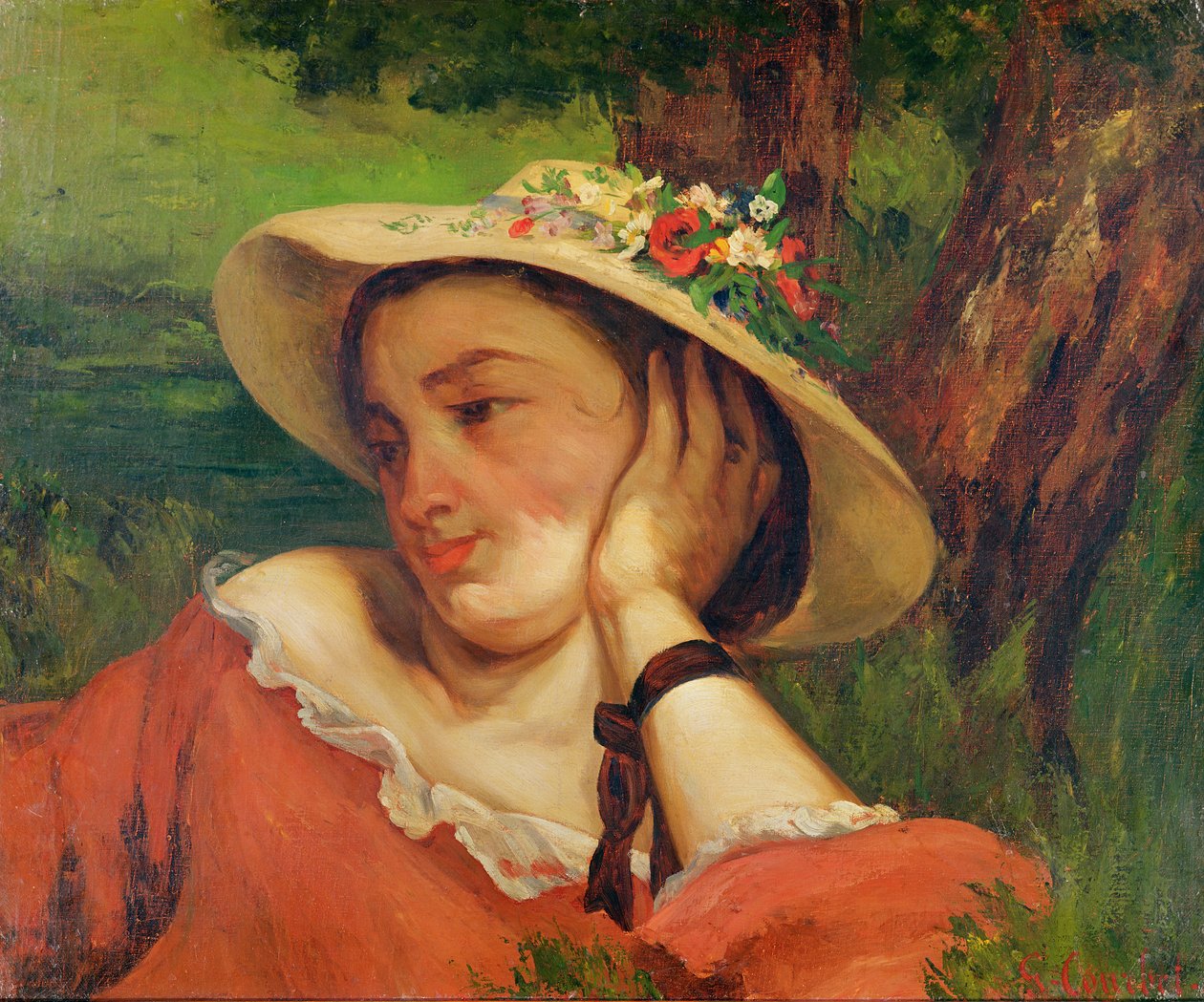 Kvinne i stråhatt med blomster, ca. 1857 av Gustave Courbet