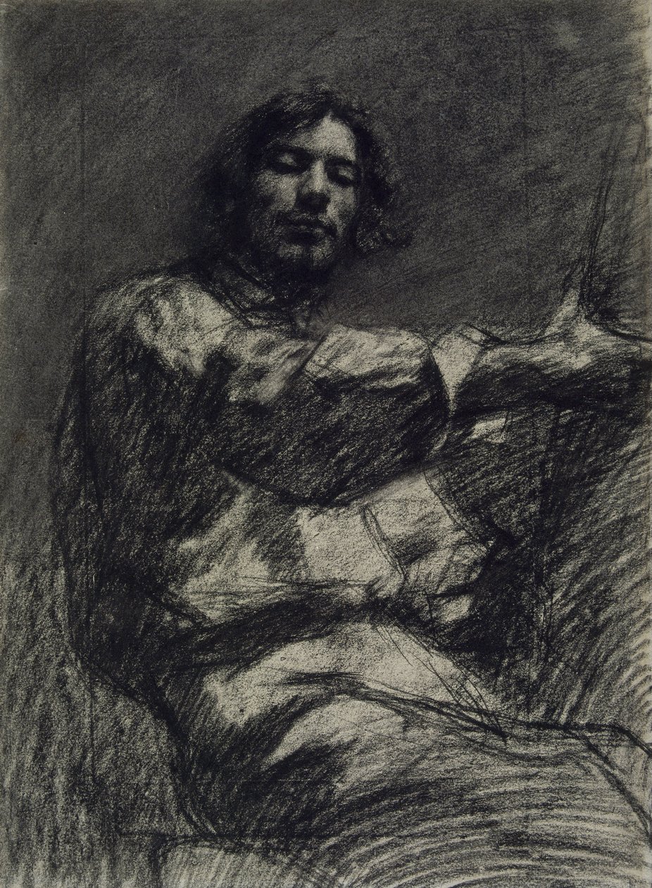 Ung mann sitter, studerer. Selvportrett ved staffeli, ca. 1847 av Gustave Courbet